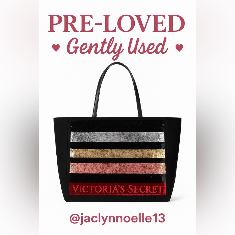 Victoria’s Secret Black Sequin Stripe Tote Bag, Sparkly Large Carryall